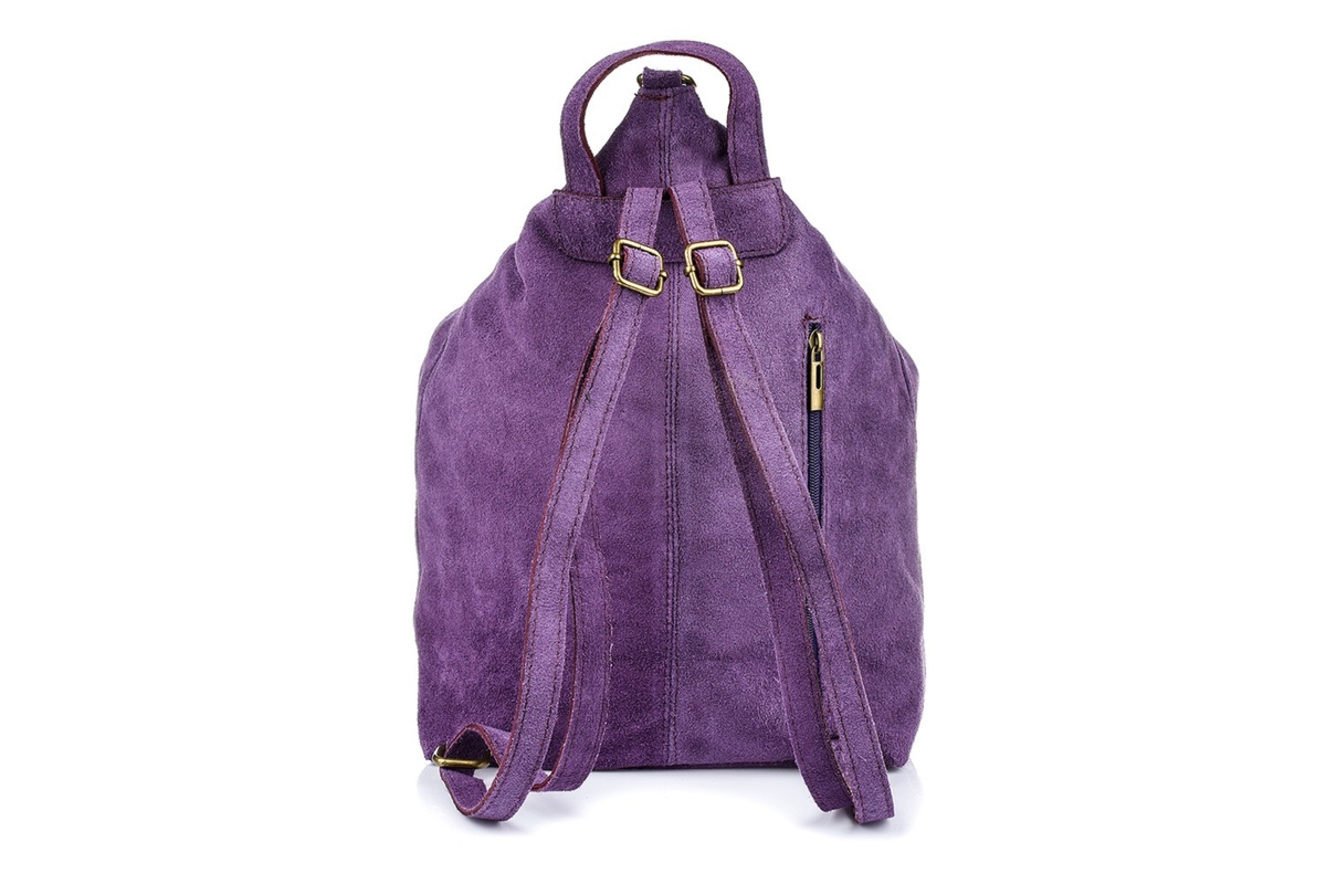 Śliwkowy Włoski Stylowy Plecak Damski Skórzany Zamsz A4 W14