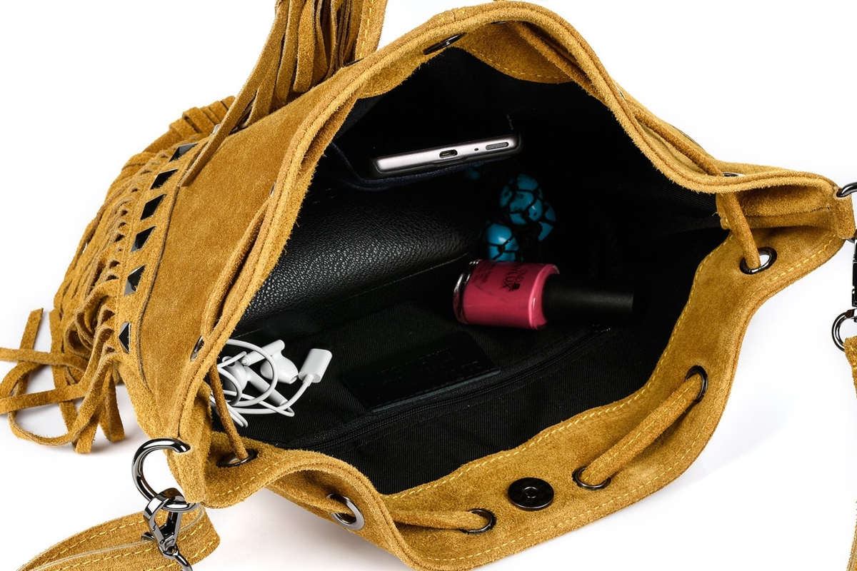 Musztardowa damska torebka worek skóra zamsz frędzle włoska X39