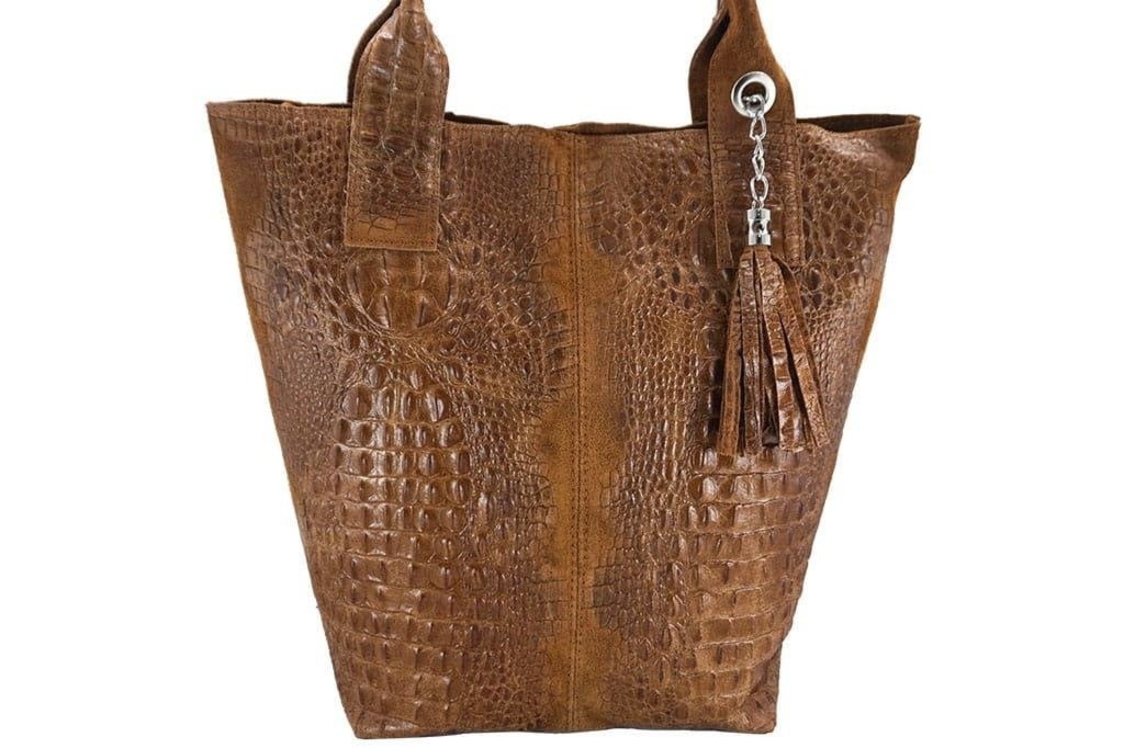 Modny worek skórzany - CROCO - Brązowy jasny