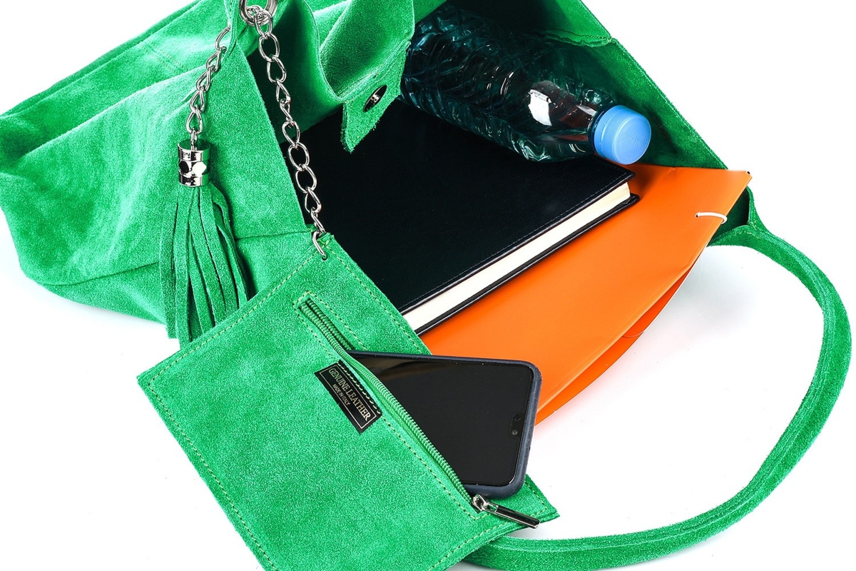 Torebka skórzana zamszowa WOREK duża A4 Z SASZETKĄ zielona L82