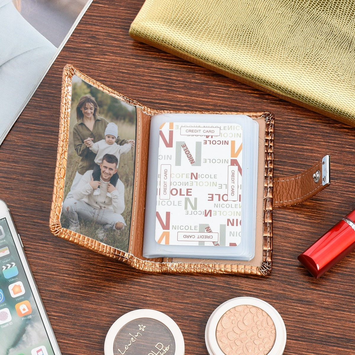 Etui skórzane na dokumenty karty okładka skóra naturalna wizytownik złoty M32