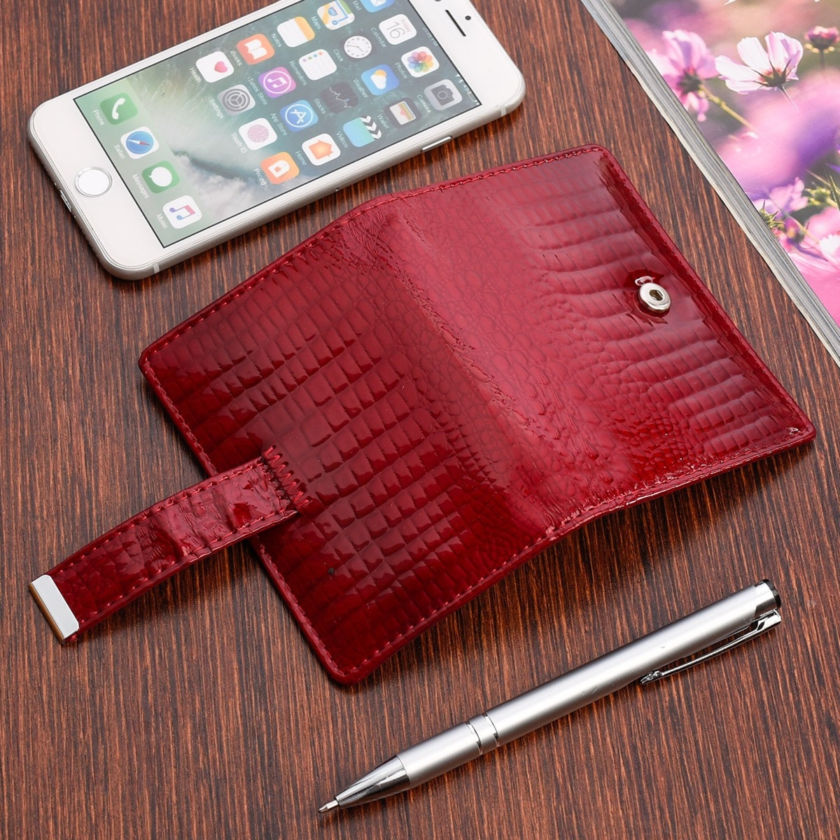 Etui skórzane na dokumenty karty okładka skóra naturalna wizytownik czerwony M32