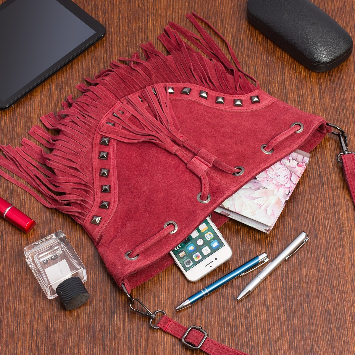 Bordowa Damska Torebka Worek Skóra Zamsz Frędzle Włoska X39