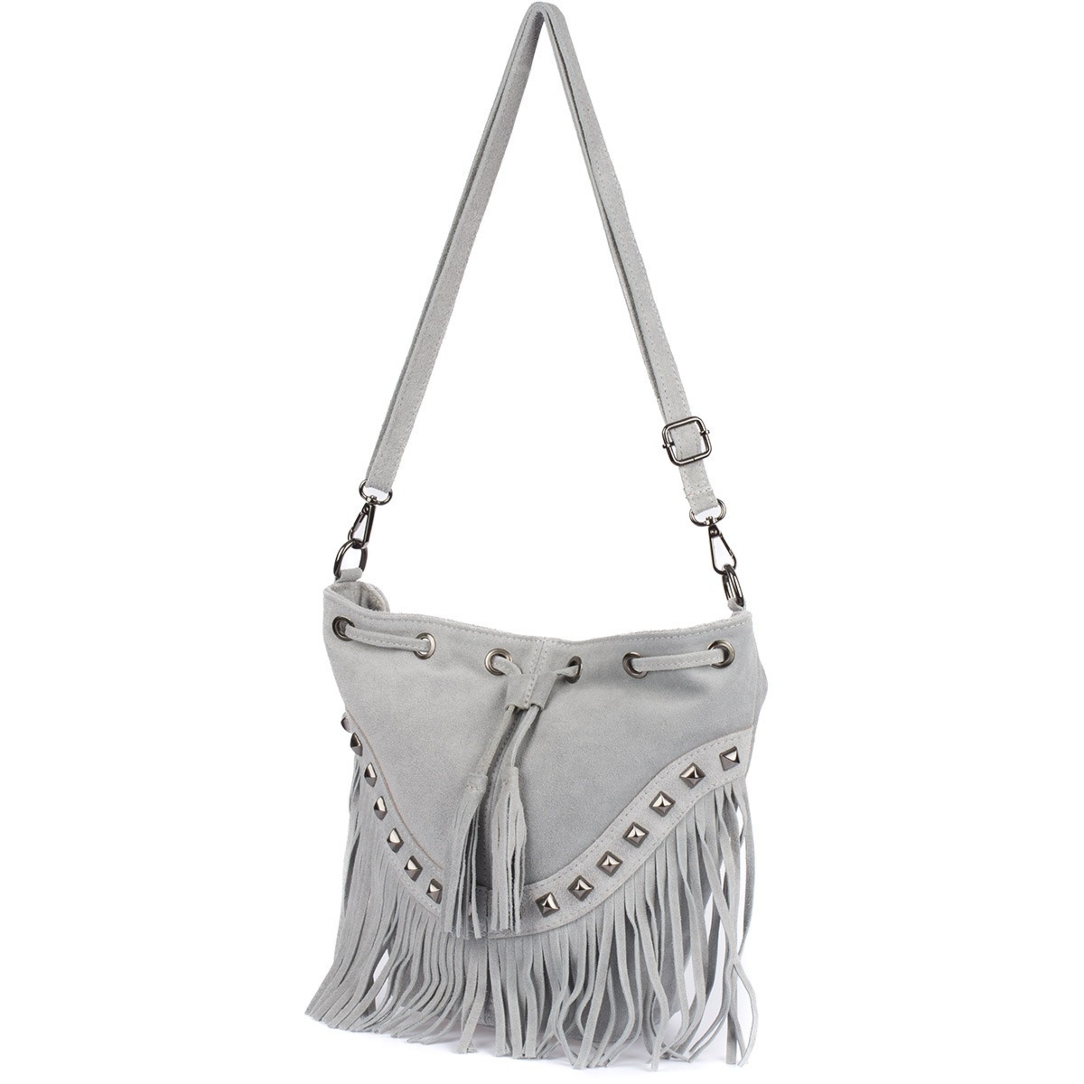 Jasno szara Damska Torebka Worek Skóra Zamsz Frędzle Włoska X39