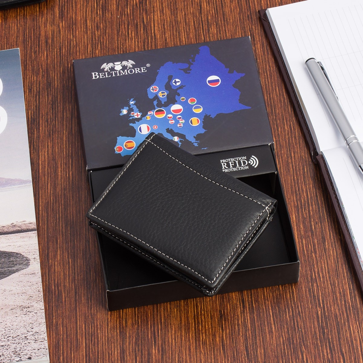 Portfel skórzany męski pionowy mały czarny Beltimore z RFiD L55