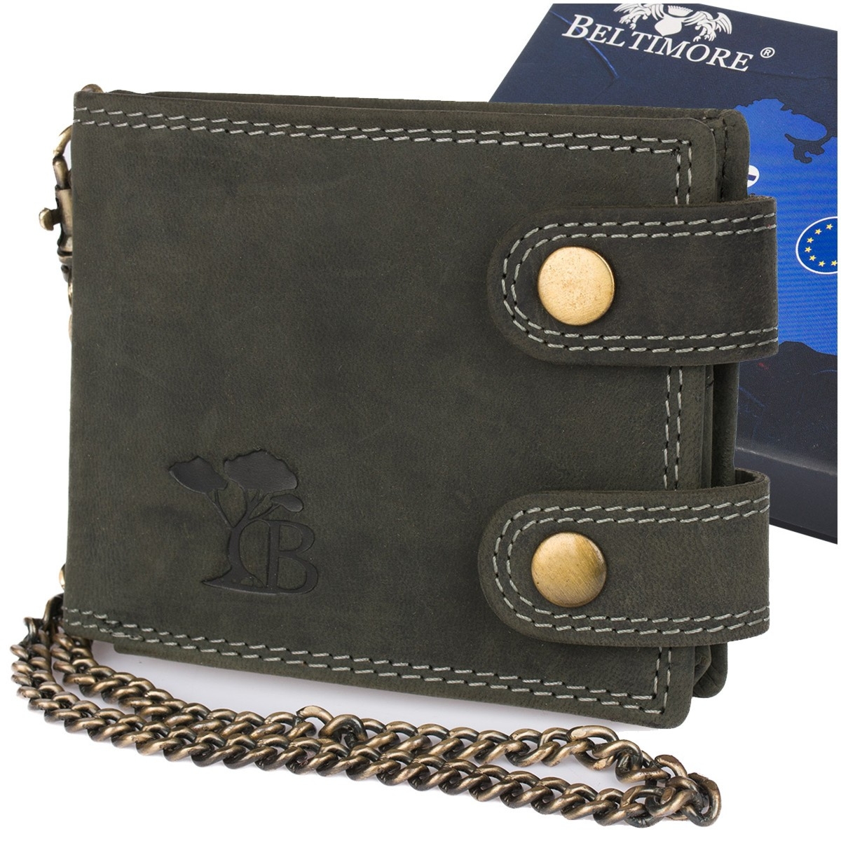 Męski portfel skórzany czarny nubuk skóra z łańcuchem poziomy Beltimore R80