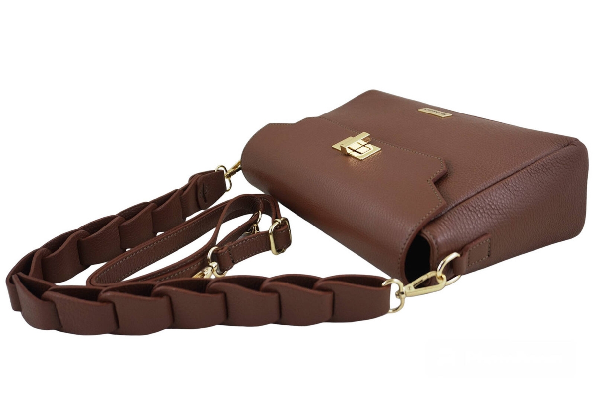 Skórzana torebka na ramię z plecionym paskiem - Brązowa