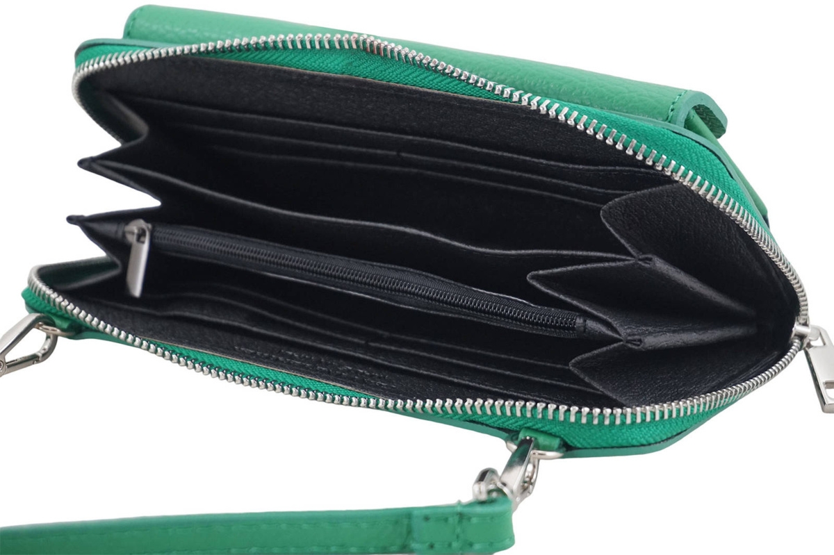 Portfel z etui na telefon ze skóry licowej - Zielony jasny