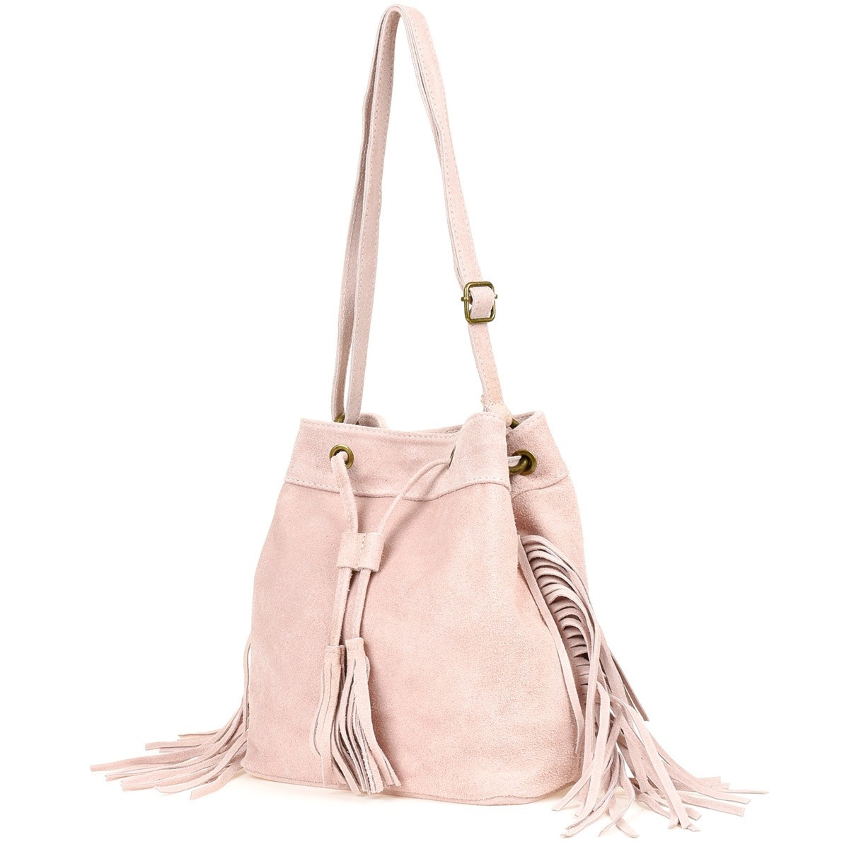 Pudrowa Torebka damska skórzana zamsz troczki worek W03