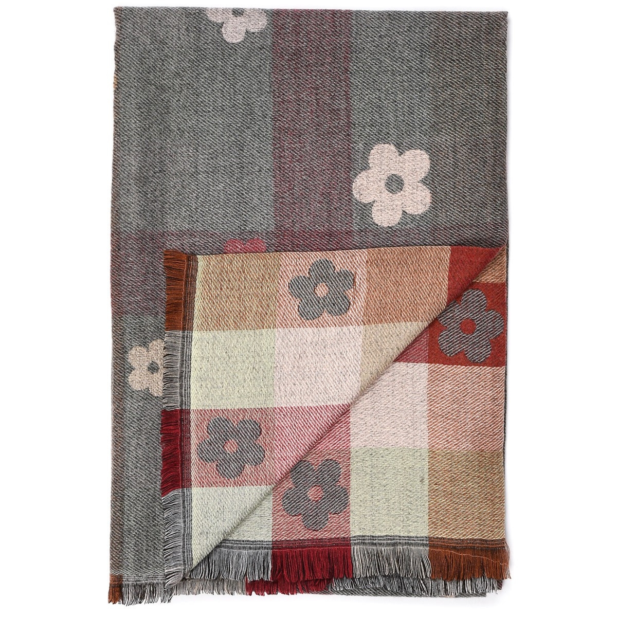 Szary Bawełniany duży szalik damski krata frędzle szal ST-26