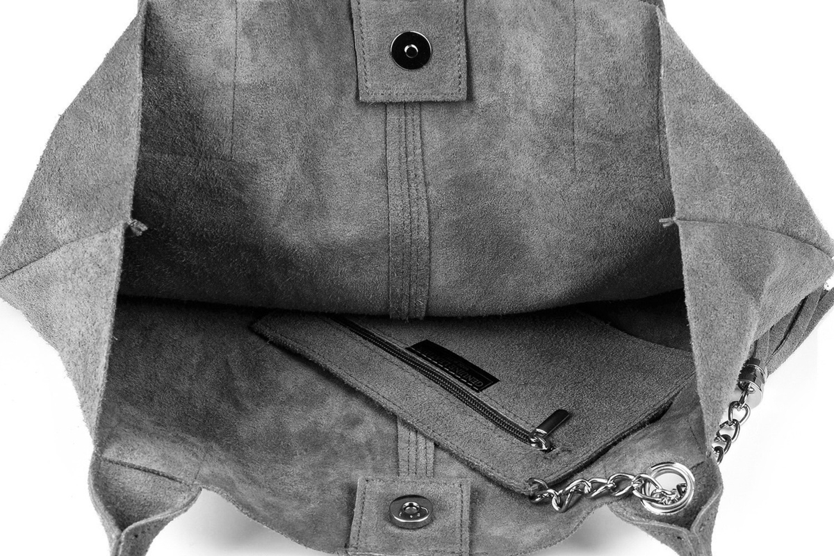 Torebka skórzana zamszowa WOREK duża A4 Z SASZETKĄ szara L82