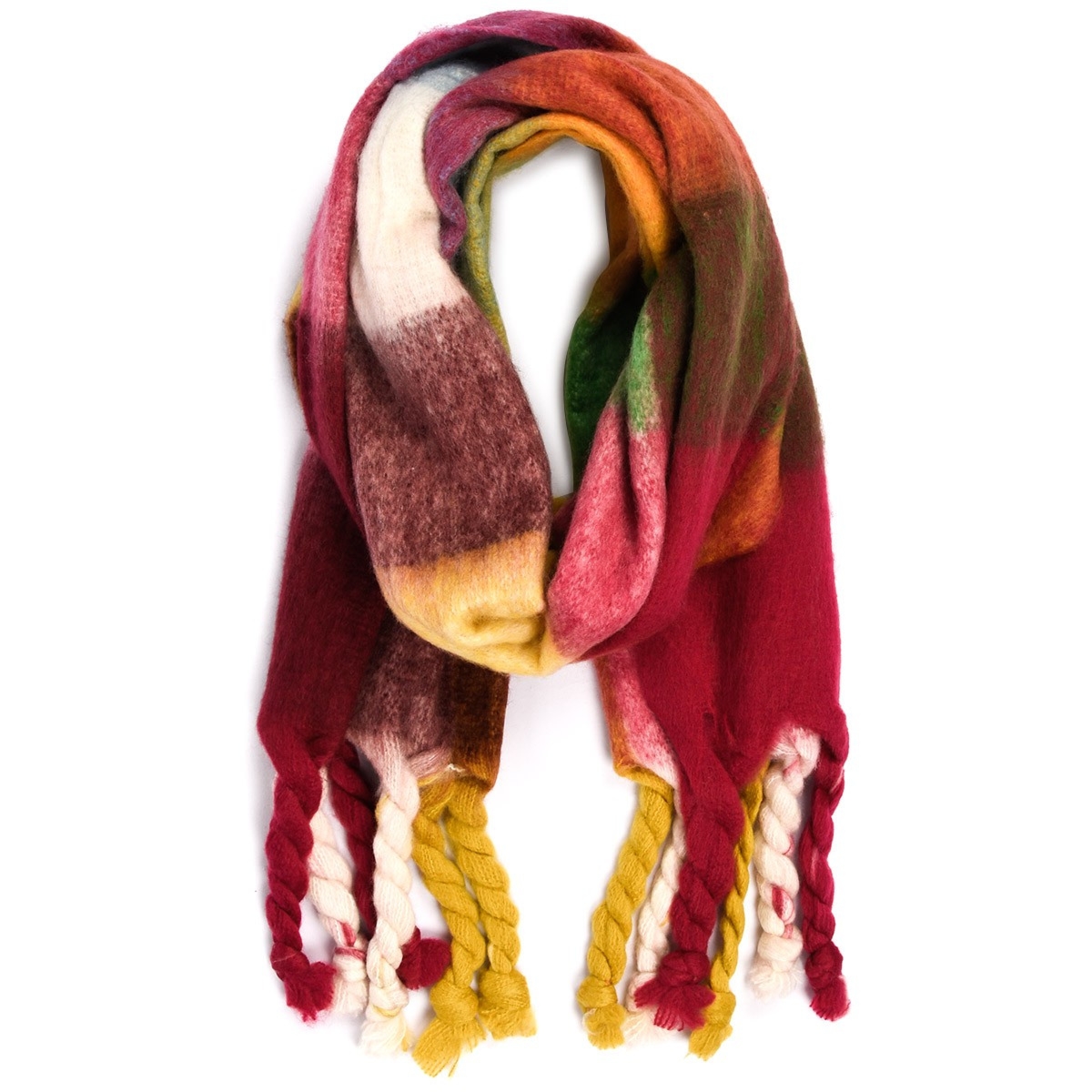 Bordowy Jesienny duży Szalik Damski ciepły szal w kratę frędzle szal-79