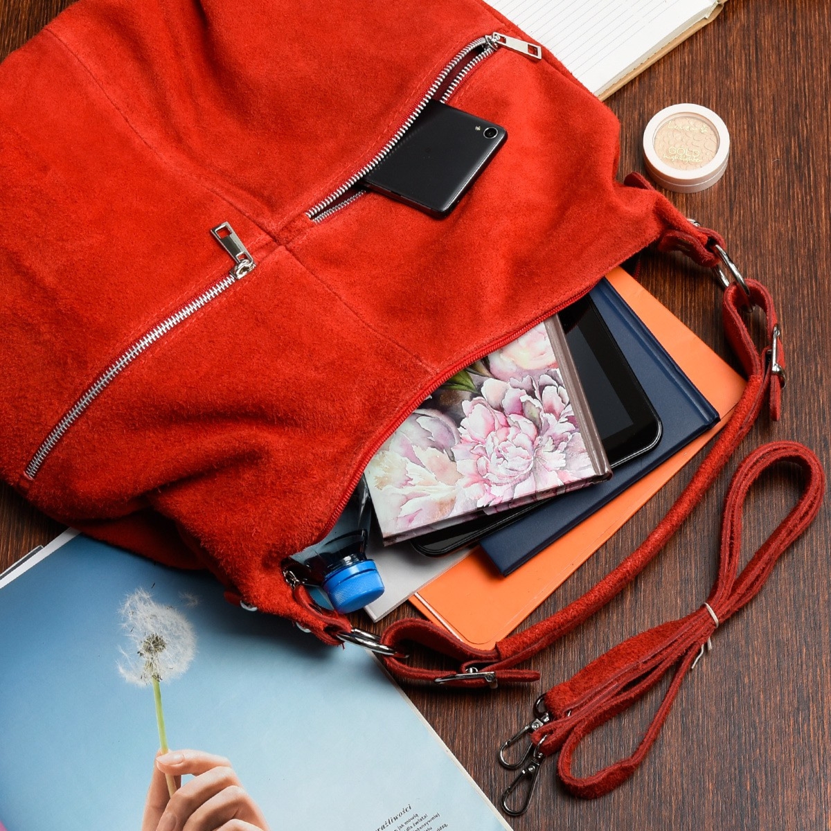 Czerwona Vera Pelle zamszowa torebka A4 skórzana worek K51