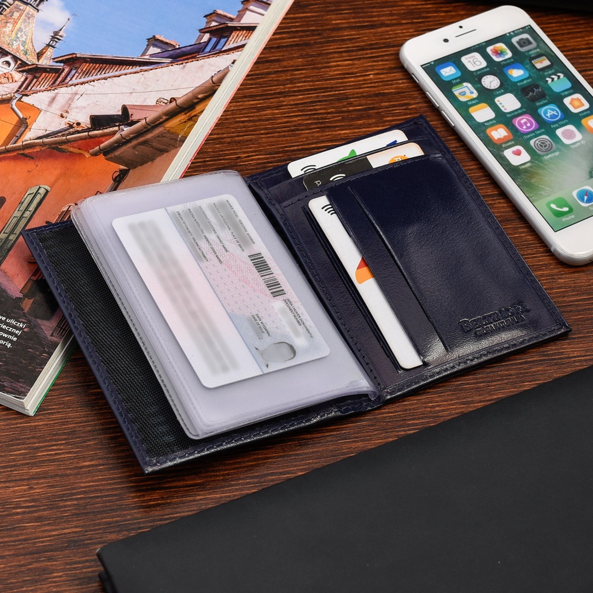 Etui na dokumenty karty granatowe skórzane slim Beltimore G95