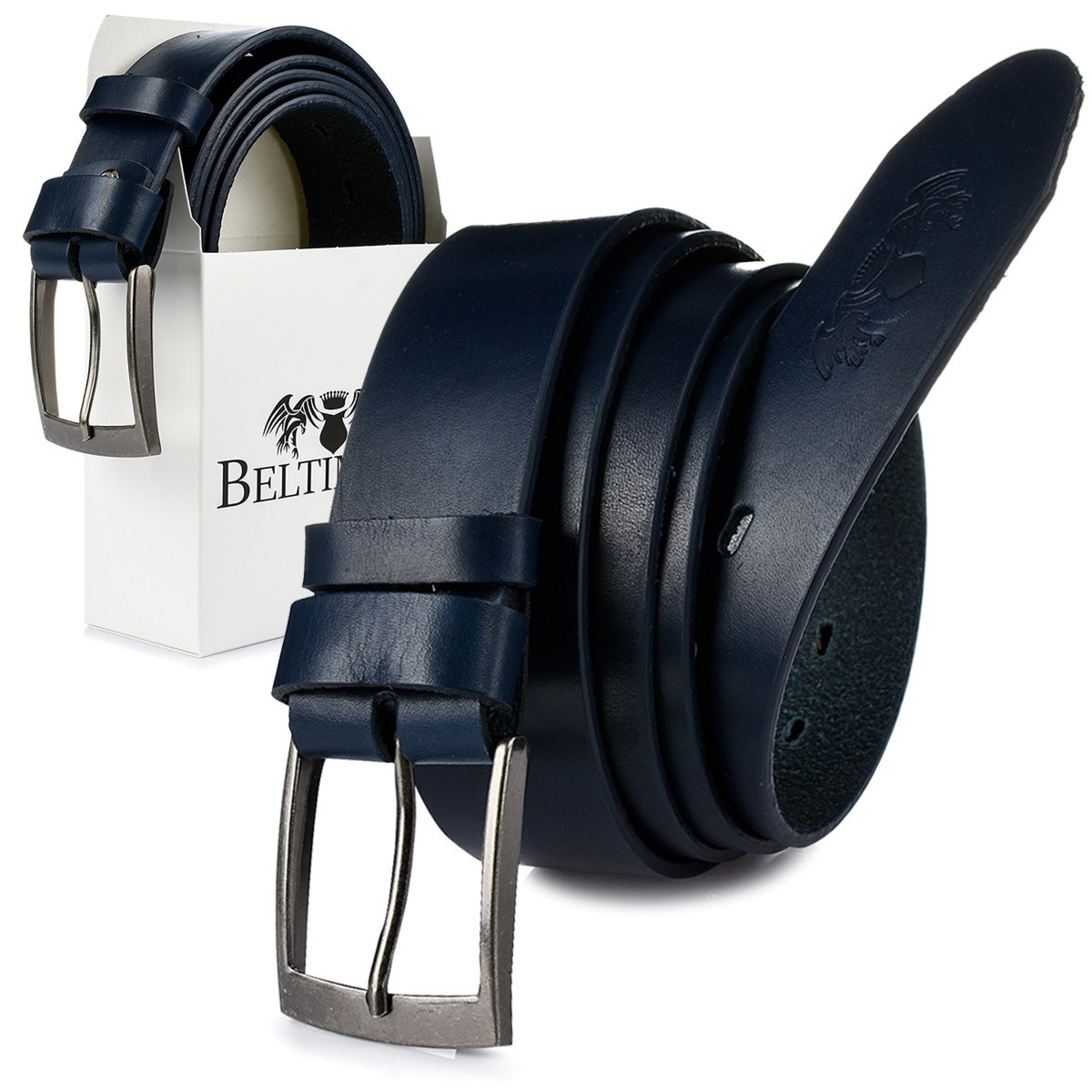 Beltimore skórzany licowy pasek męski granatowy premium E15 : Kolory - granatowy, Rozmiar pasków - r.115-130 cm