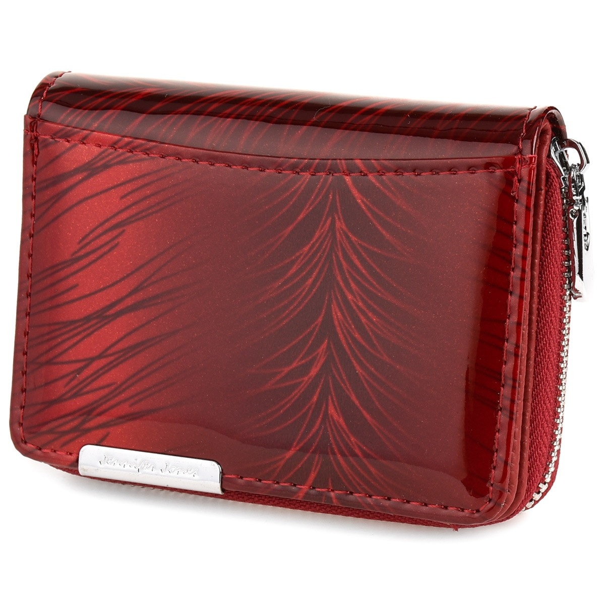 Skórzany portfel damski poziomy mały lakierowany czerwony w piórka 897