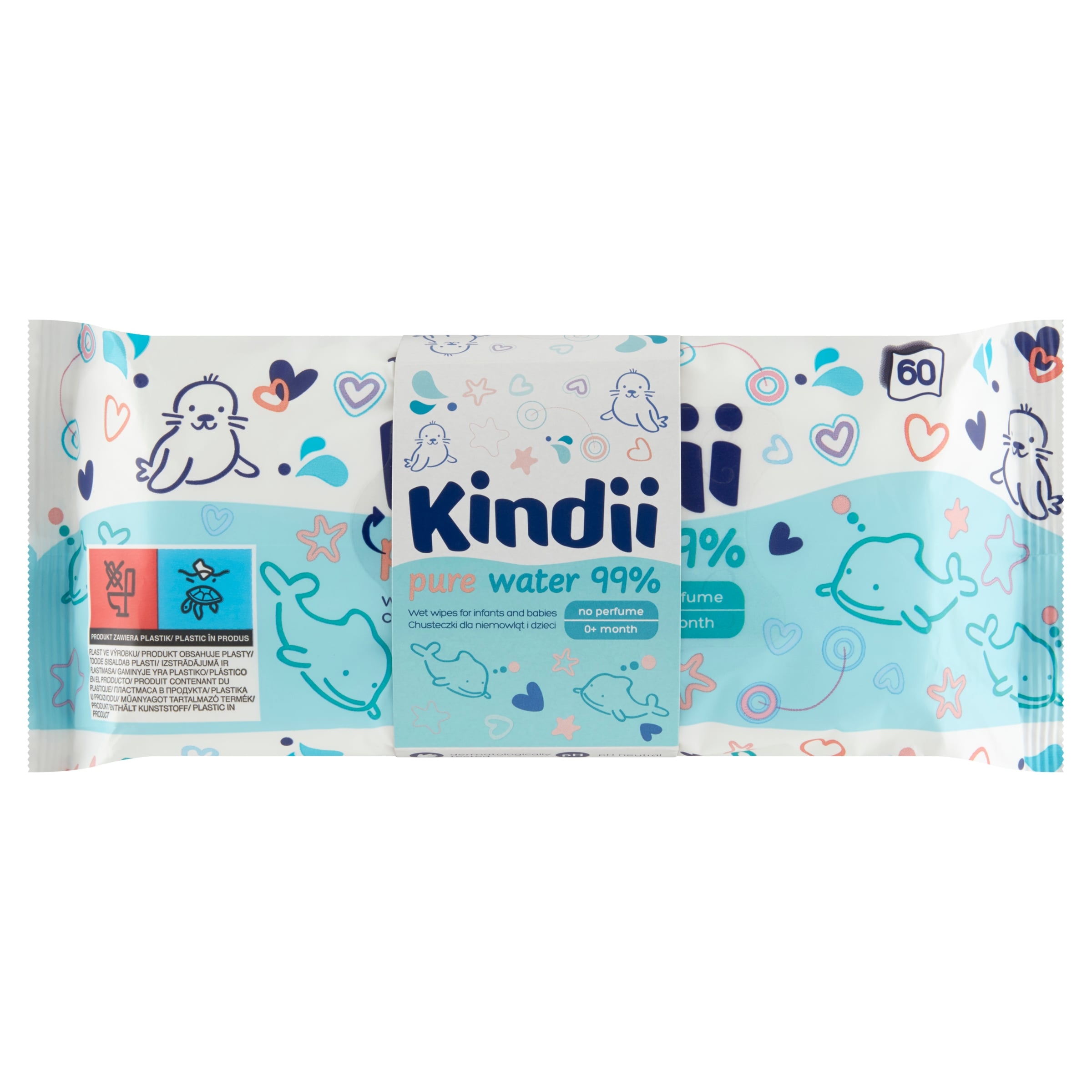 Kindii Pure Water 99 % Chusteczki dla niemowląt i dzieci 180 sztuk (3 x 60 sztuk)
