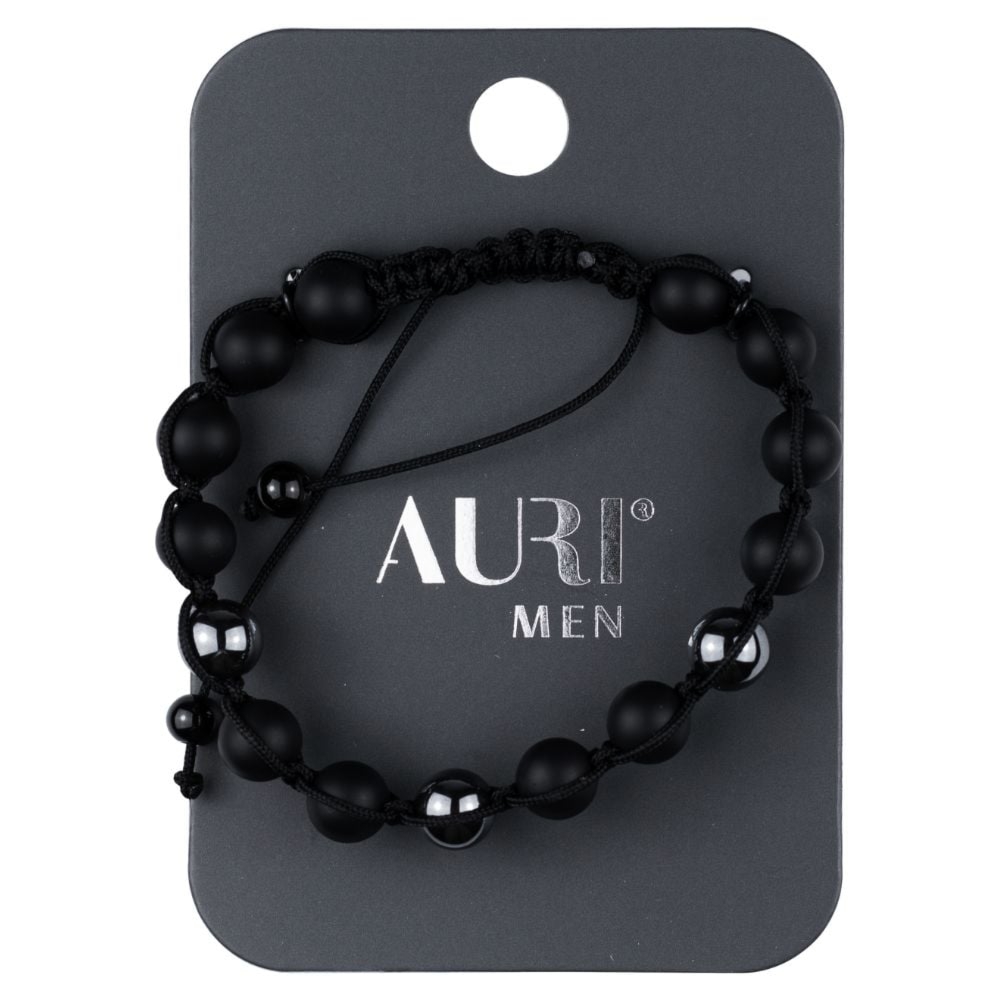 Auri Men bransoletka czarne koraliki plus z hematytu przeplatane sznurkiem 1 sztuka