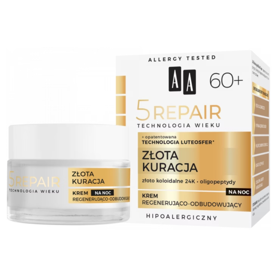 AA krem na noc regenerująco-odbudowujący Technologia Wieku 5 Repair 60+ Złota Kuracja 50 ml