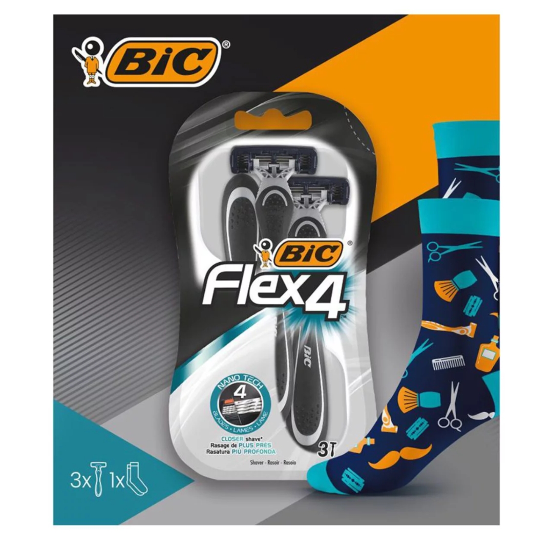 BIC Flex 4 zestaw prezentowy maszynka do golenia 3 szt + skarpety męskie