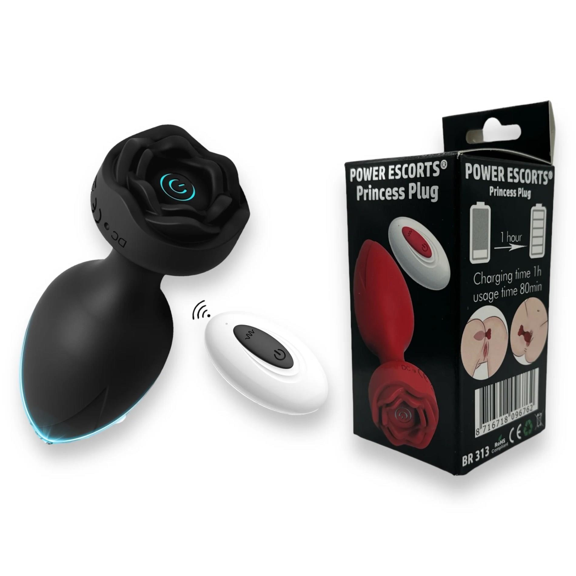 Zdalna różyczka orgazmowa - Power Escorts - Princess Plug - Remote Rose Design Plug - USB Rechargeable - 10 Functions - Black