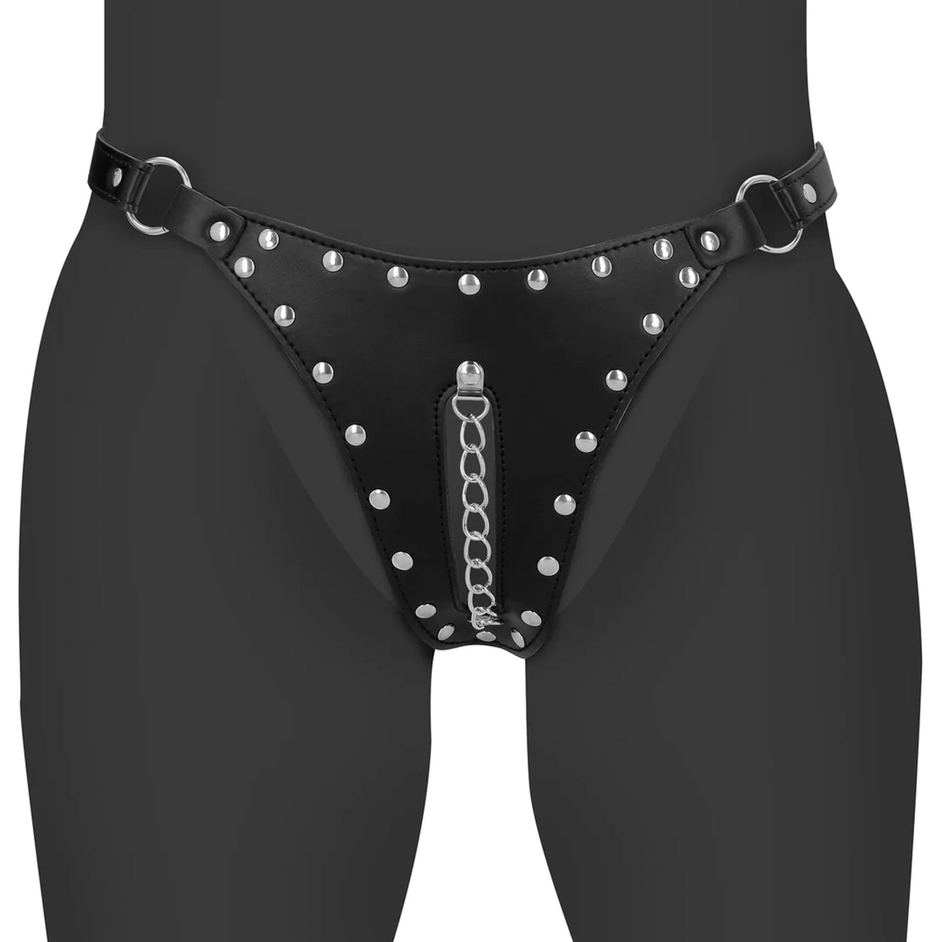 PU Leather Chastity Thong with Chain Detail - Black