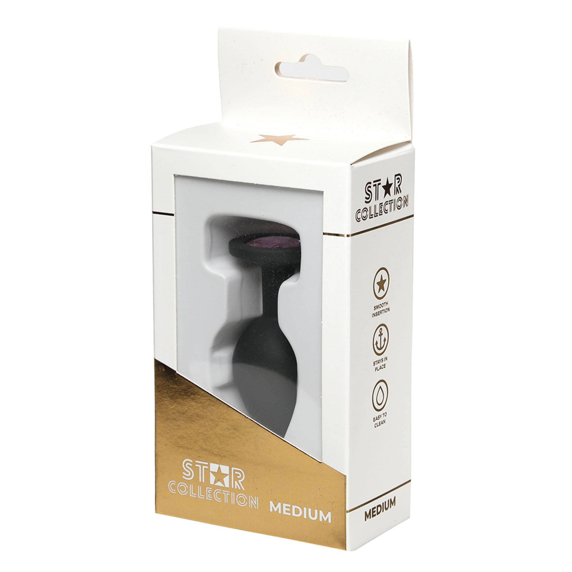 Star Collection - Black Silicone Anal Plug M - Light Pink Stone