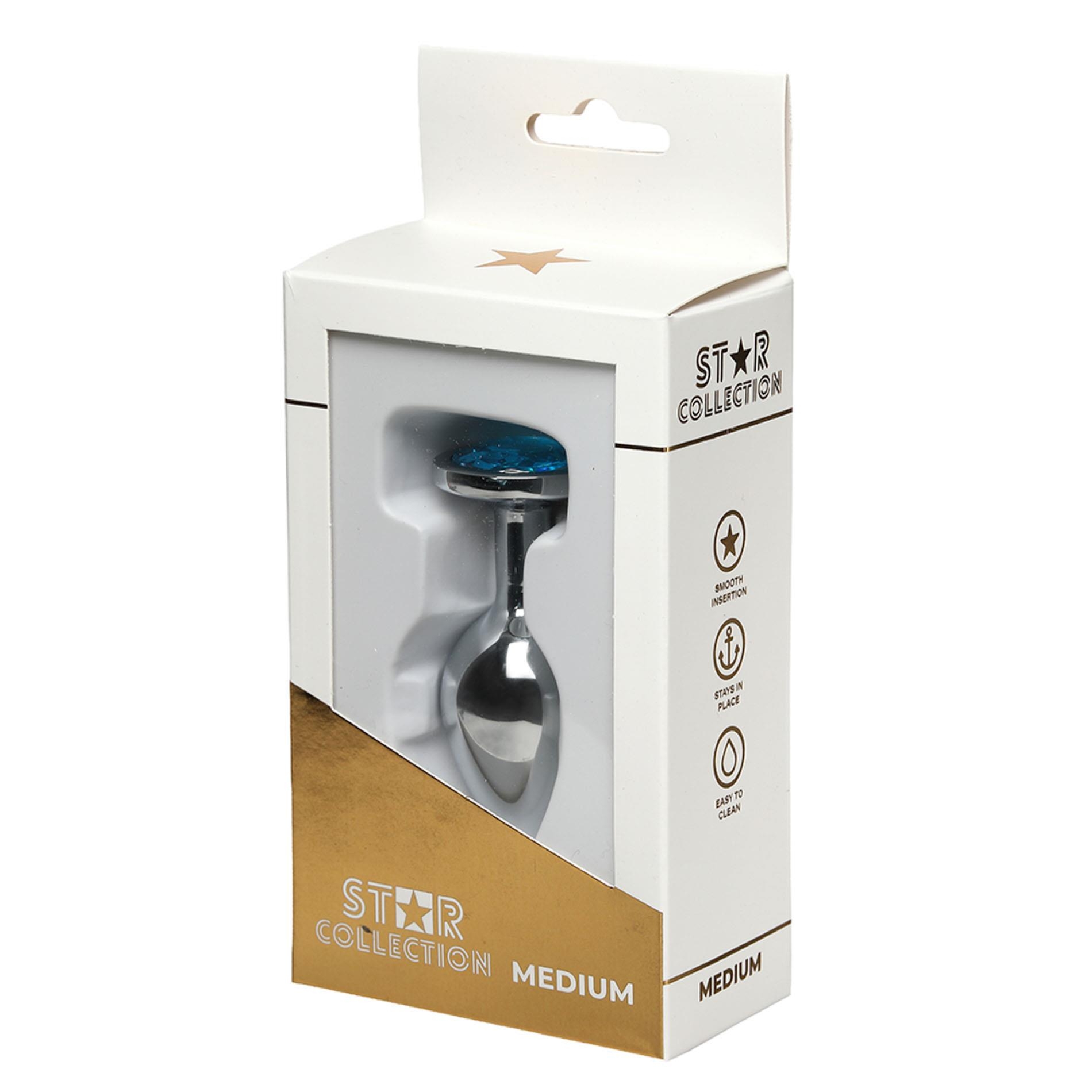 Star Collection - Silver Metal Anal Plug M - Light Blue Stone