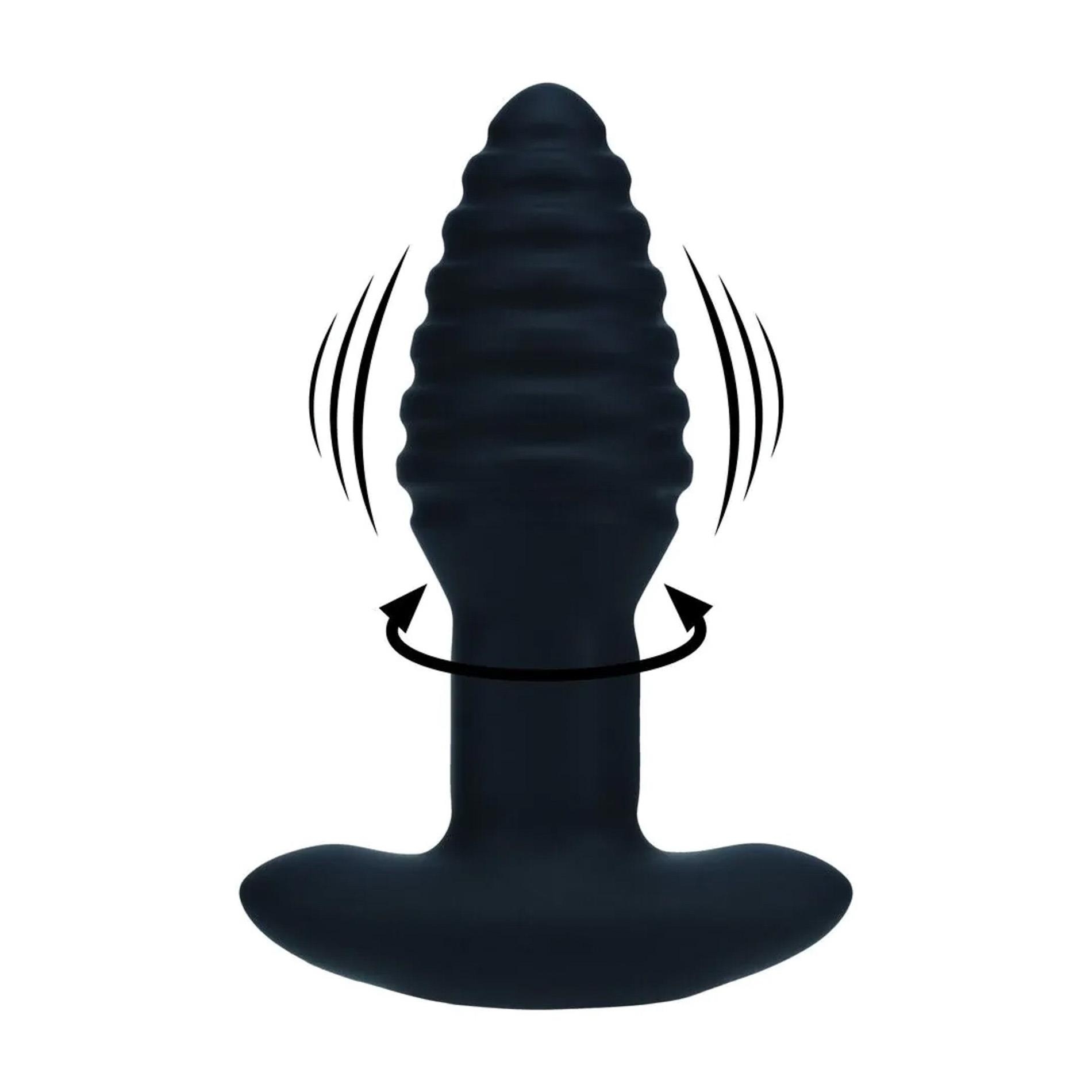 Vibrating and Rotating Ribbed Silicone Anal Plug - Black