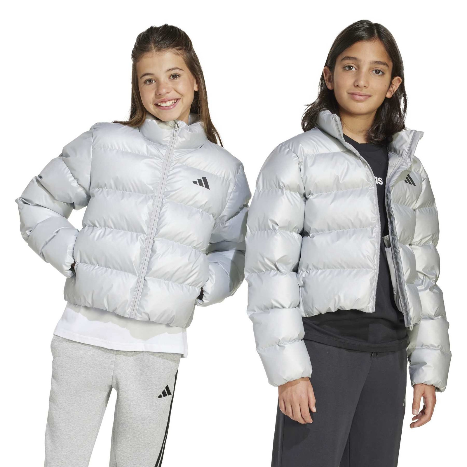 Kurtka puchowa dziecica adidas GLAM srebrna JM1670