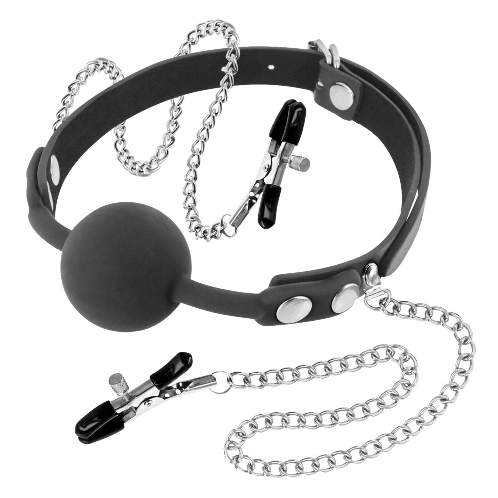 Fetish tentation Silicone Gag Ball With Nipple Clamps - Knebel z zaciskami na sutki