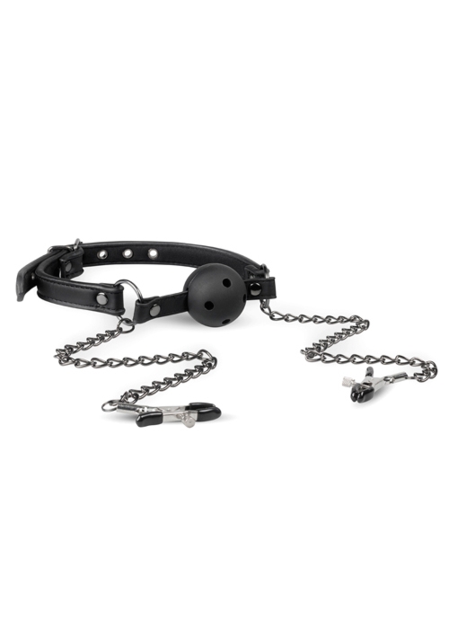 Easy Toys Open Ball Gag With Nipple Clamps - Knebel z kulką i łańcuszkami do sutków