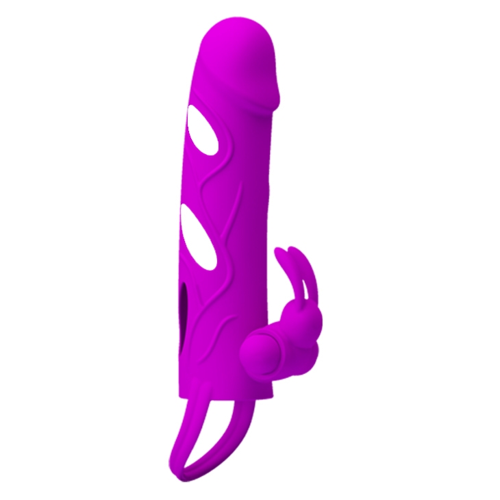 Pretty Love Penis Sleeve With Ball Strap Purple - Wibrująca nakładka na penisa