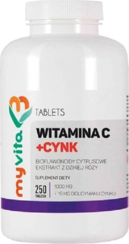 Witamina C + Cynk Bioflawonoidy cytrusowe ekstrakt z dzikiej róży 250 tabletek