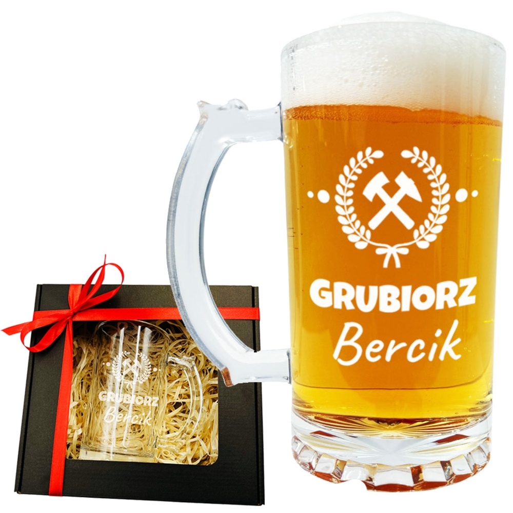 Szklany kufel do piwa 500 ml z grawerem dla górnika na Barbórkę