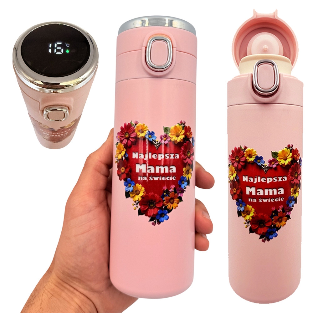 Różowy kubek termiczny dla mamy 420 ml z wyświetlaczem LED temperatury