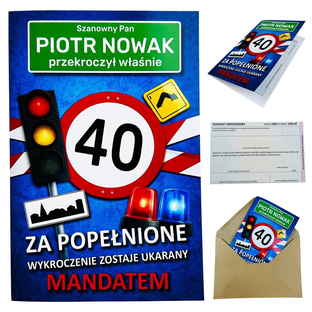 Personalizowana kartka urodzinowa Mandat z imieniem i wiekiem
