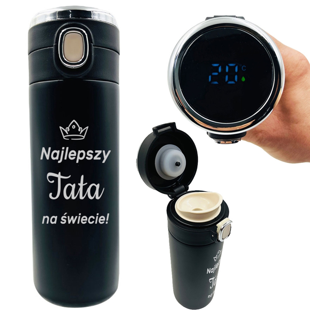 Czarny kubek termiczny 420 ml z ekranem LED i grawerem dla taty