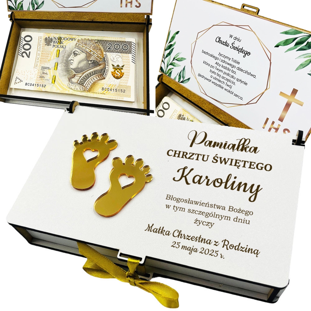 Personalizowane drewniane pudełko na pieniądze na chrzest