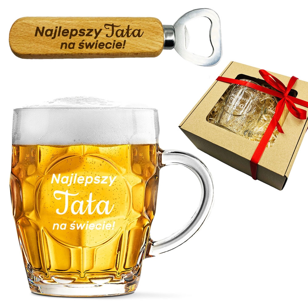 Zestaw dla taty: kufel do piwa 500 ml i drewniany otwieracz z grawerem