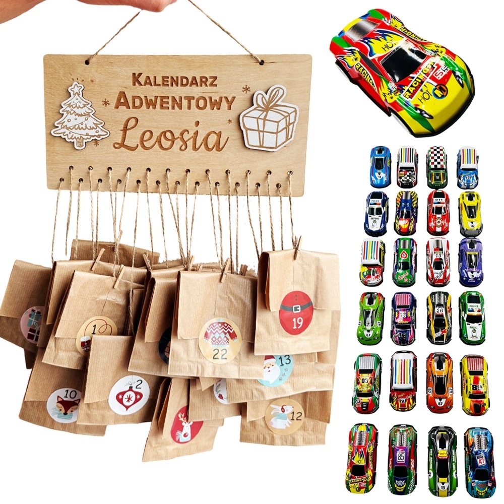 Kalendarz Adwentowy Autka z Imieniem Dziecka dla Chłopca 4 5 6 7 8 9 10 lat Dzieci