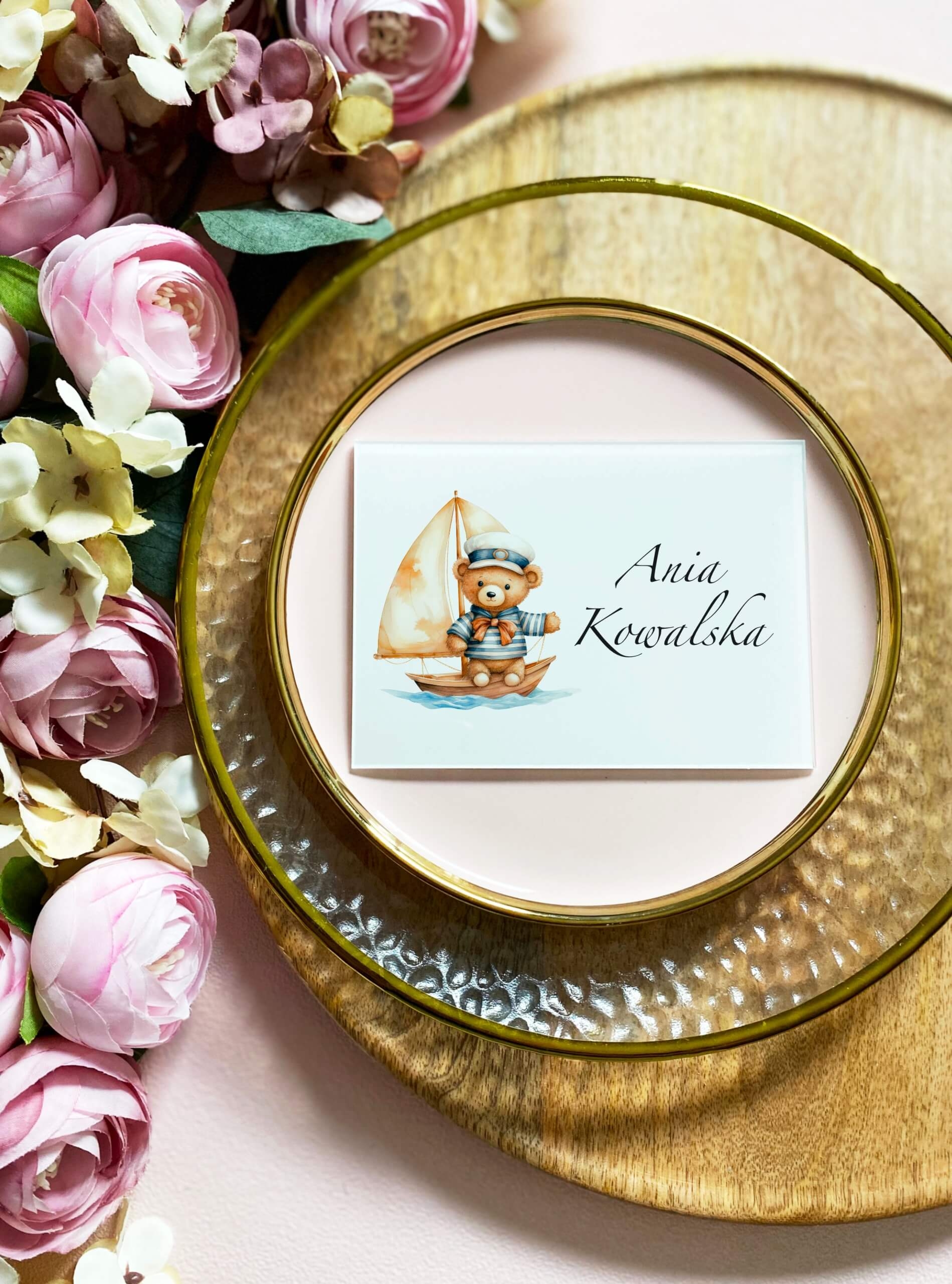 Winietki na roczek dziecka / Chrzest z misiem marynarzem PAPIEROWA LEŻĄCA