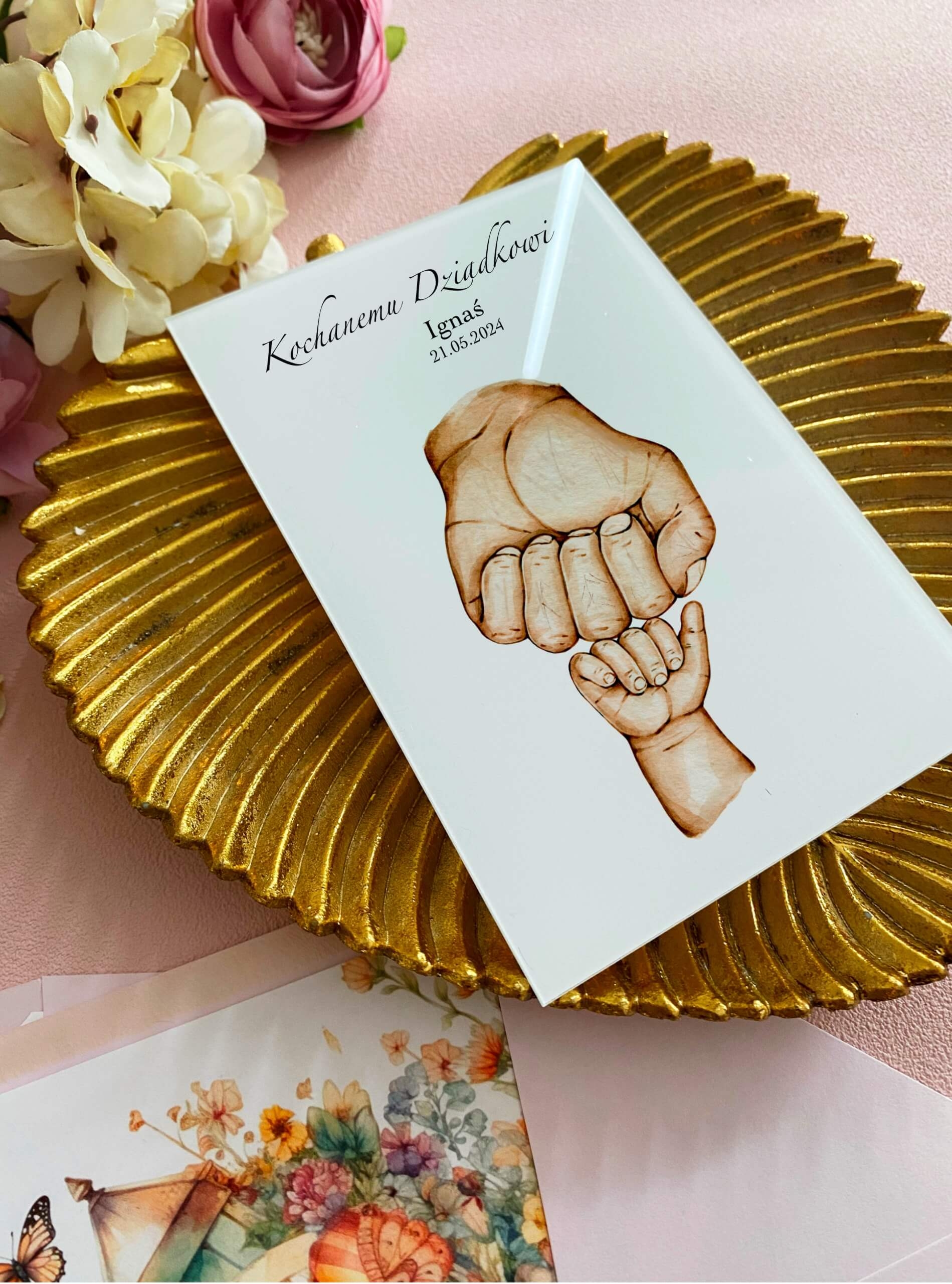 Kartka na szkle na Dzień Dziadka od dziecka, DŁONIE (1-8 rąk dzieci)