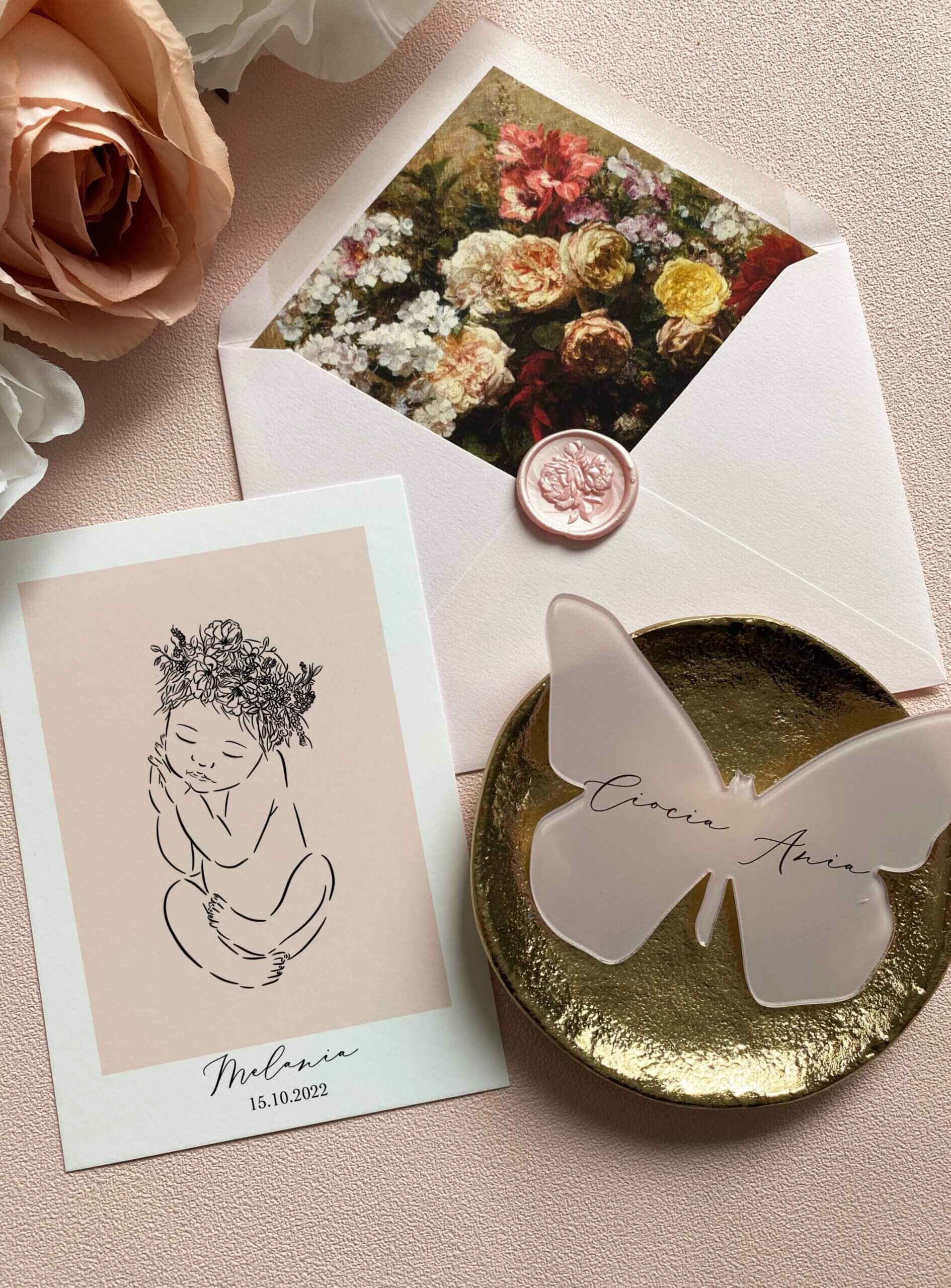 Minimalistyczne zaproszenie na chrzest dla dziewczynki