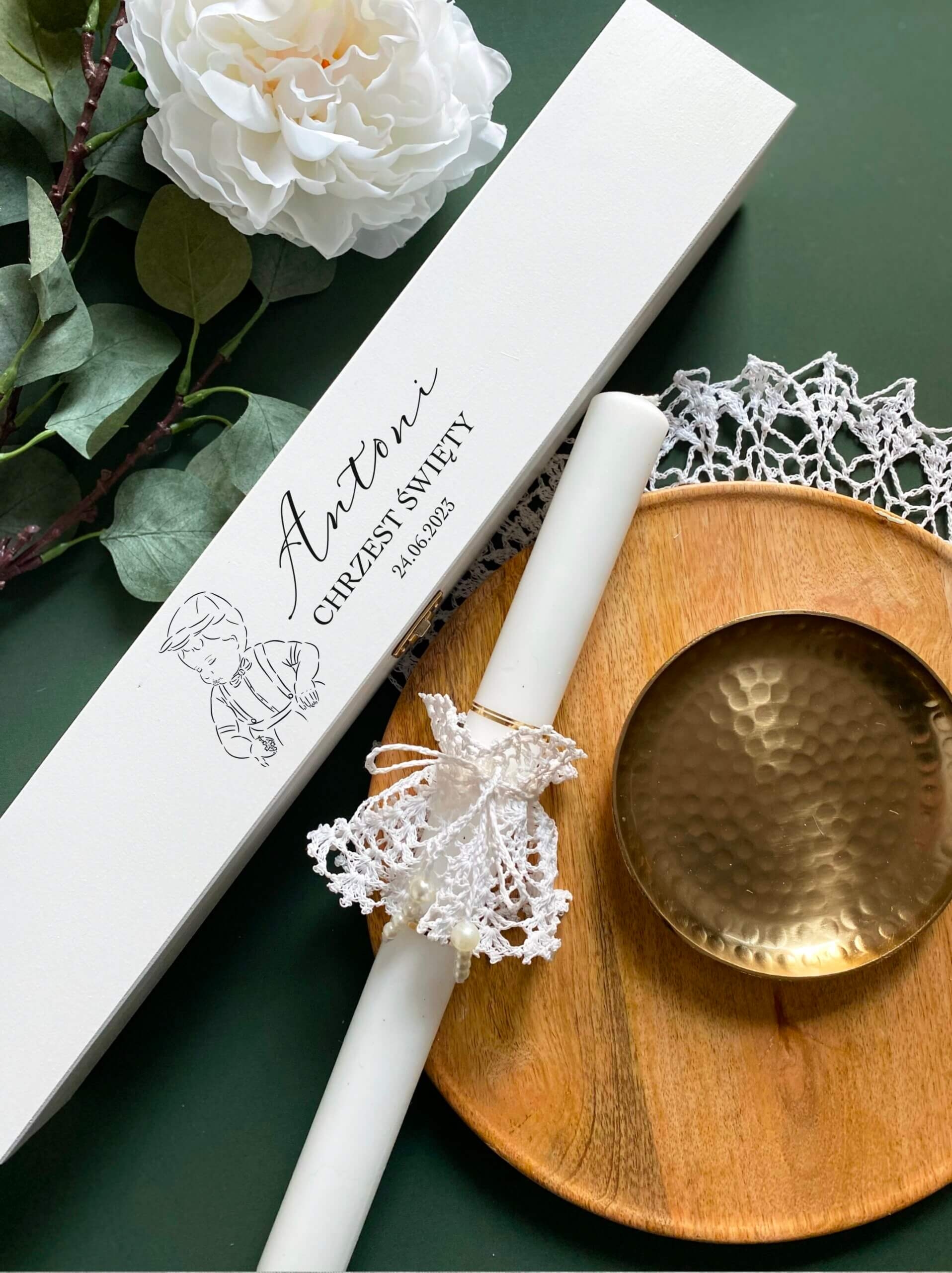 Drewniane pudełko na świecę Chrzest Święty dla chłopca - świeca do Chrztu, Szatka, ozdobna profitka do wyboru