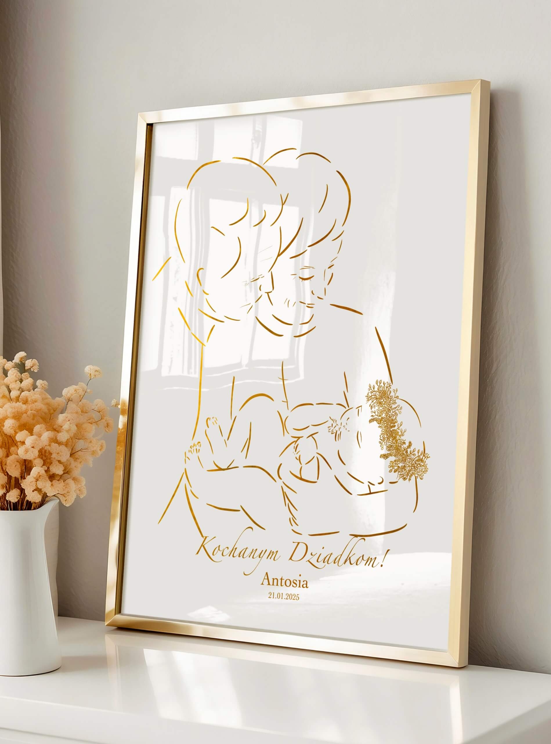 Prezent na Dzień Babci i Dziadka - złoty plakat z dziadkami i noworodkiem A4