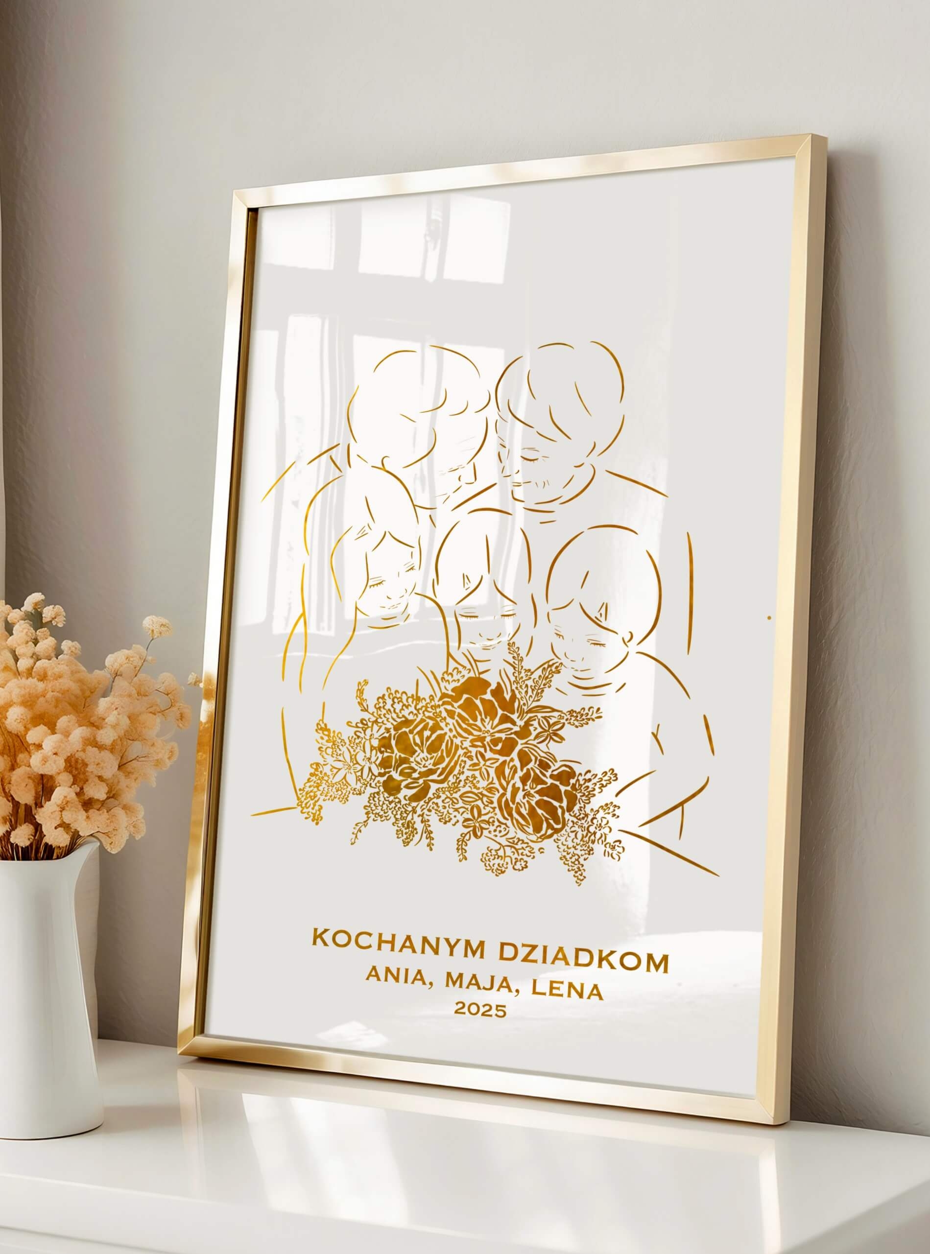 Prezent na Dzień Babci i Dziadka z trójką wnucząt - złoty plakat A4
