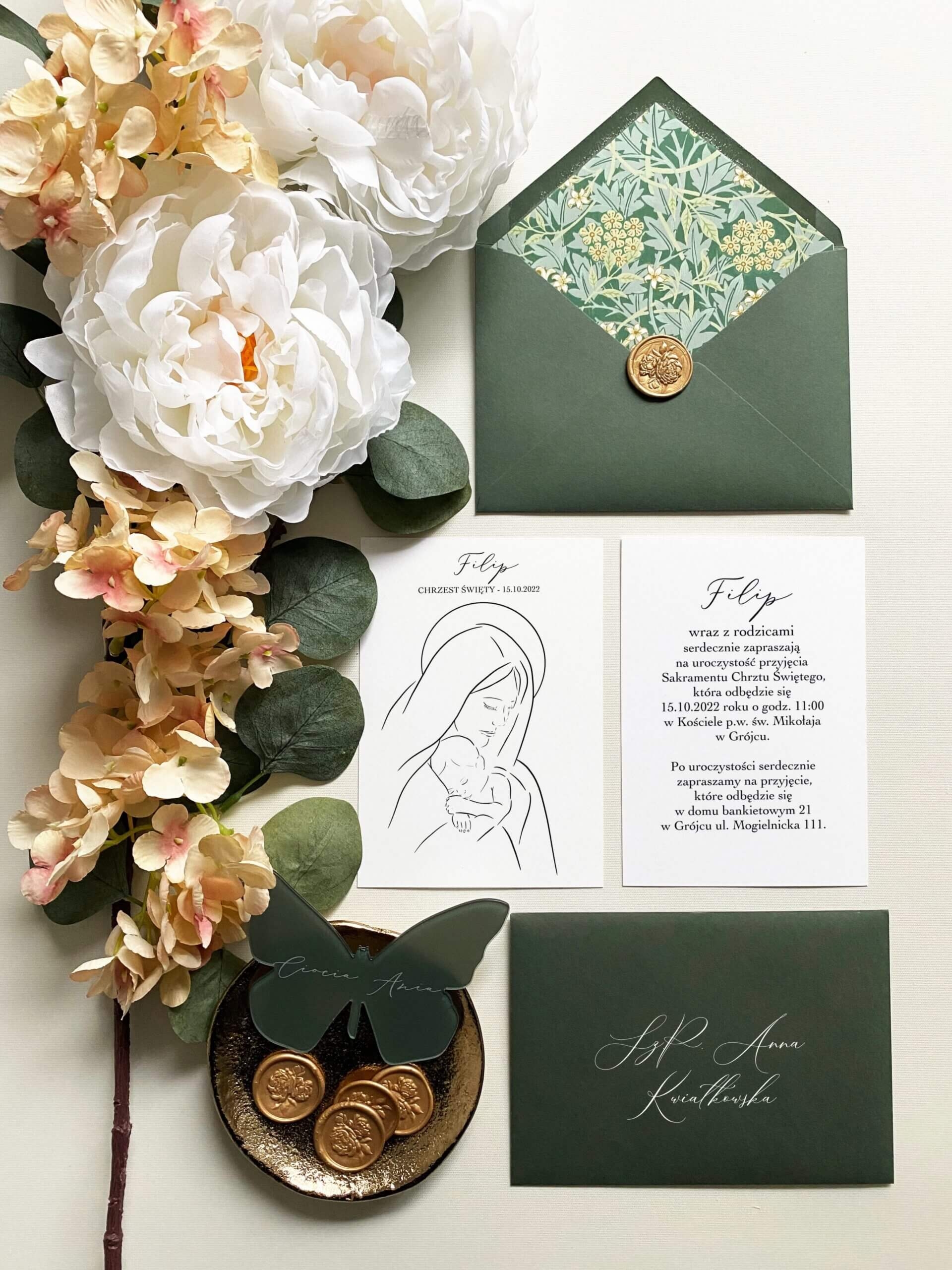 Eleganckie zaproszenia na chrzest dla dziecka z Maryją i Dzieciątkiem