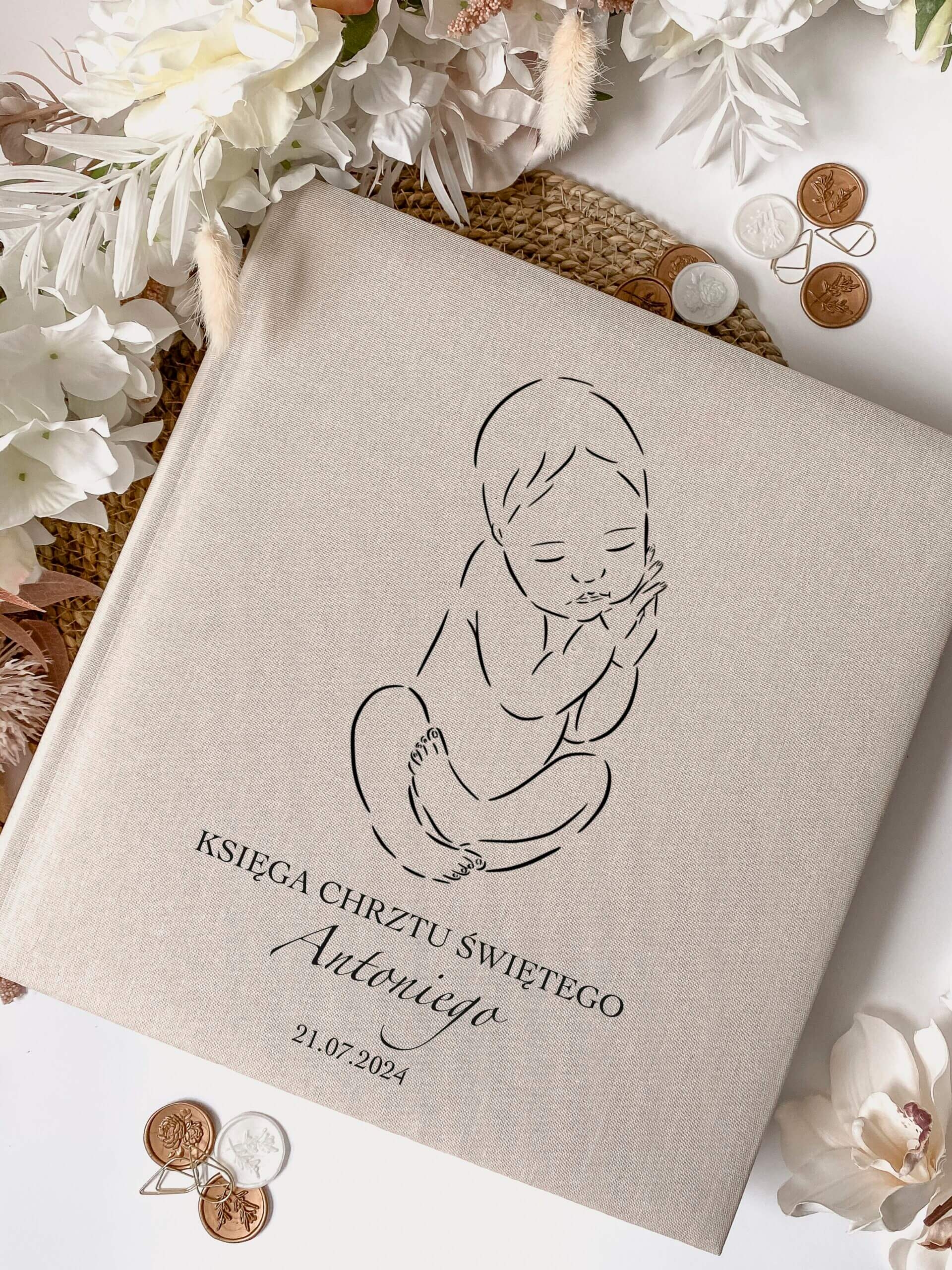 Duża księga gości na Chrzest Święty chłopca - lniana księga gości/album