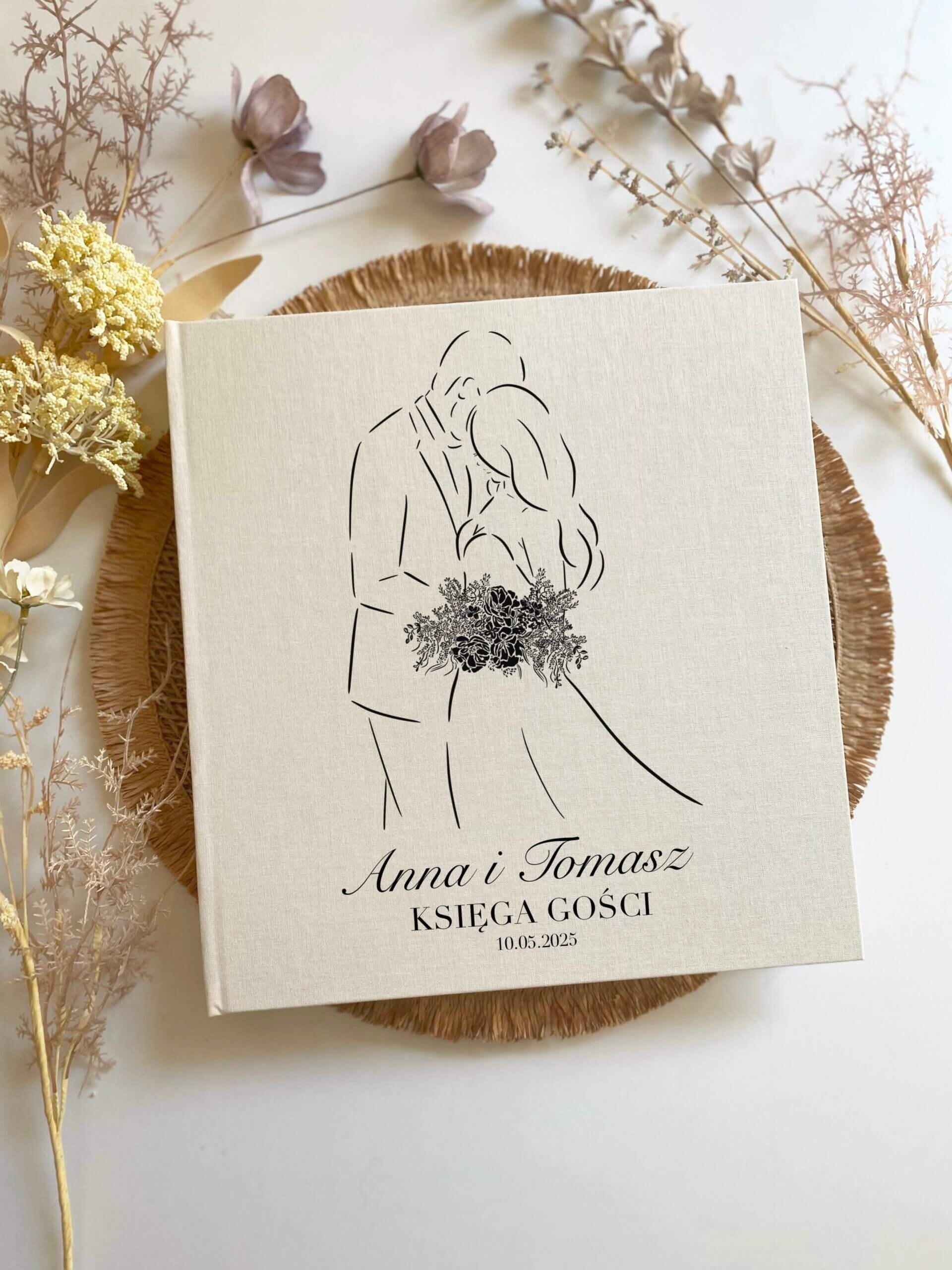 Beżowa minimalistyczna księga dla gości weselnych - lniana księga gości/album